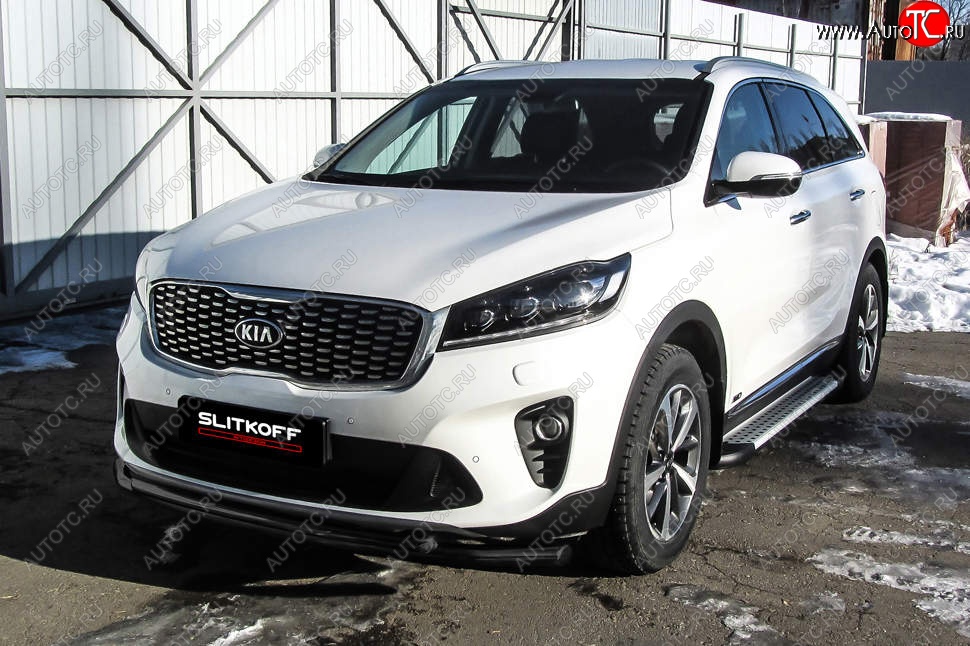 9 649 р. Защита переднего бампера Slitkoff (двойная, d57/42)  KIA Sorento  UM/Prime (2018-2020) рестайлинг (Сталь с полимерным покрытием. Цвет: чёрный)  с доставкой в г. Майкоп
