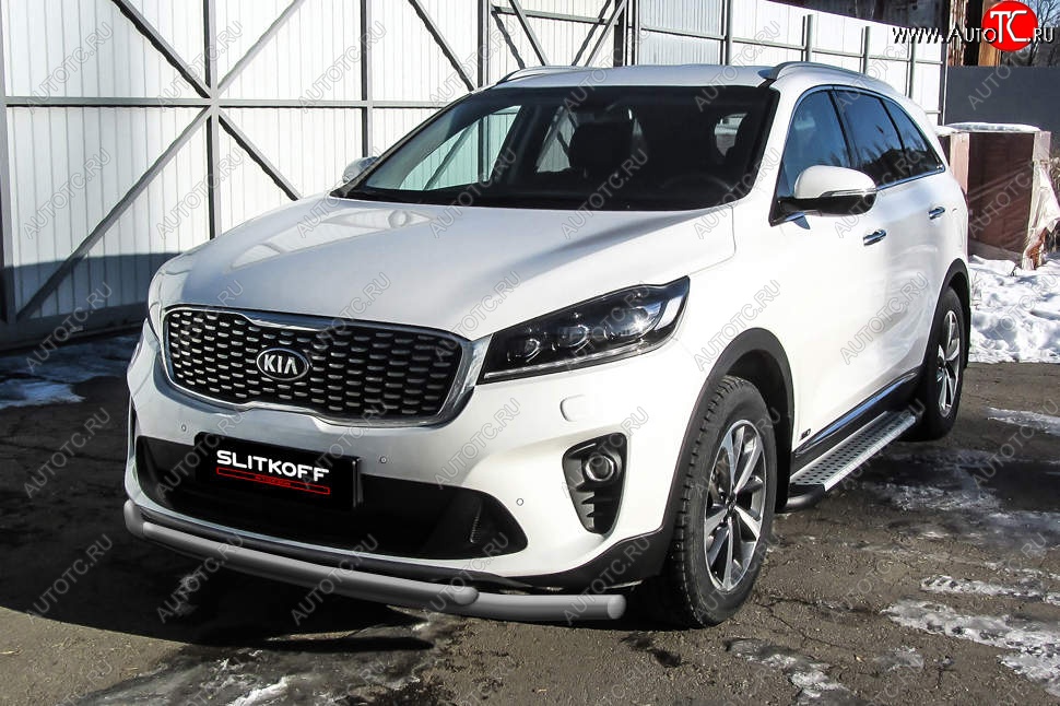 9 649 р. Защита переднего бампера Slitkoff (двойная, d57/42)  KIA Sorento  UM/Prime (2018-2020) рестайлинг (Сталь с полимерным покрытием. Цвет: серебристый)  с доставкой в г. Майкоп