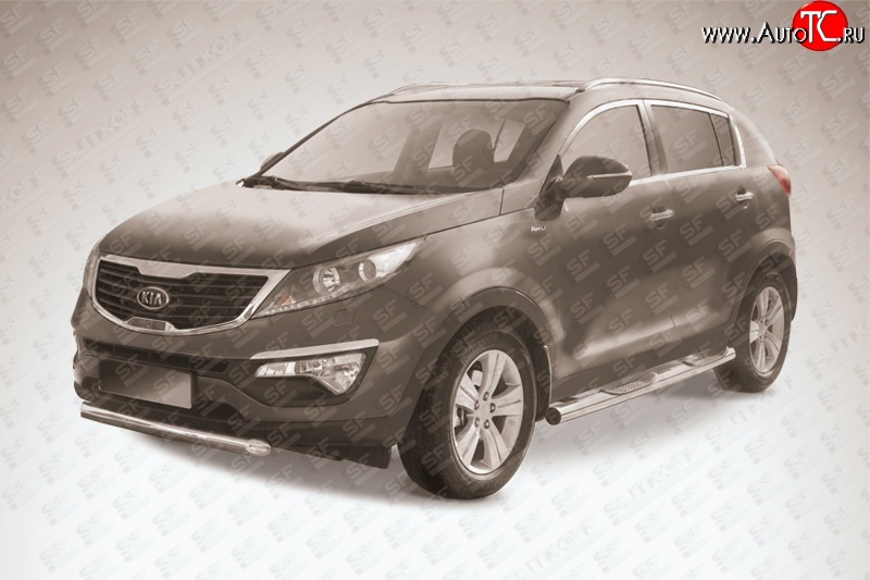 12 999 р. Защита переднего бампера из короткой трубы диаметром 76 мм Slitkoff  KIA Sportage  3 SL (2010-2014) дорестайлинг (Нержавейка, Полированная)  с доставкой в г. Майкоп