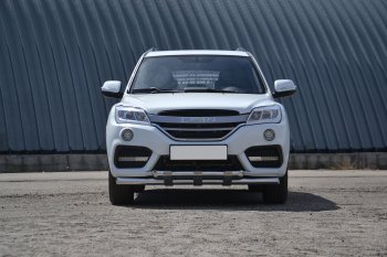 Защита переднего бампера двойная с пластинами из труб d63/63 мм Petroil Tuning Lifan X60 2-ой рестайлинг (2016-2025) (Нержавеющая полированная сталь)