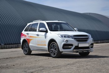 20 769 р. Защита переднего бампера двойная с пластинами из труб d63/63 мм Petroil Tuning Lifan X60 2-ой рестайлинг (2016-2025) (Нержавеющая полированная сталь)  с доставкой в г. Майкоп. Увеличить фотографию 2