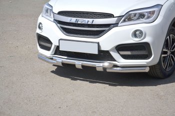 Защита переднего бампера двойная с зубьями из труб d63/63 мм Petroil Tuning Lifan X60 2-ой рестайлинг (2016-2025) (Нержавеющая полированная сталь)