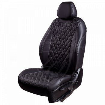 Чехлы для сидений Lord Autofashion Байрон (экокожа, раздельная спинка, подлокотник, 2П и 1 Г-образных подголовника) Mazda 3/Axela BK дорестайлинг седан (2003-2006) (Черный, вставка черная, строчка черная)