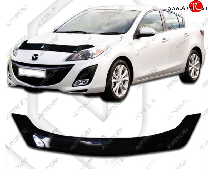2 079 р. Дефлектор капота CA-Plastic  Mazda 3/Axela  BL (2009-2013) дорестайлинг седан, рестайлинг седан (Classic черный, Без надписи)  с доставкой в г. Майкоп