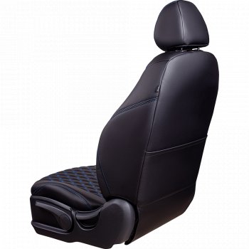 19 649 р. Чехлы для сидений на Lord Autofashion Байрон (экокожа, 60/40, подлокотник, отдельные бока, 3 Г-образных подголовника)  Mazda 6  GH (2007-2012) дорестайлинг седан, рестайлинг седан (Черный, вставка черная, строчка синяя)  с доставкой в г. Майкоп. Увеличить фотографию 5