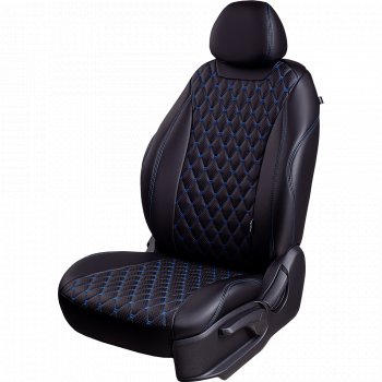 Чехлы для сидений на Lord Autofashion Байрон (экокожа, 60/40, подлокотник, отдельные бока, 3 Г-образных подголовника) Mazda 6  GH (2007-2012) дорестайлинг седан, рестайлинг седан (Черный, вставка черная, строчка синяя)