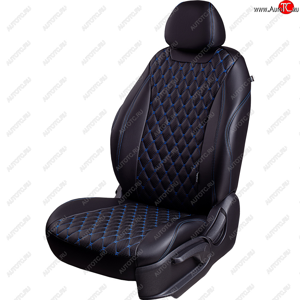 19 649 р. Чехлы для сидений на Lord Autofashion Байрон (экокожа, 60/40, подлокотник, отдельные бока, 3 Г-образных подголовника)  Mazda 6  GH (2007-2012) дорестайлинг седан, рестайлинг седан (Черный, вставка черная, строчка синяя)  с доставкой в г. Майкоп