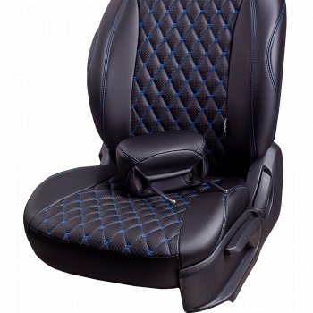 19 649 р. Чехлы для сидений на Lord Autofashion Байрон (экокожа, 60/40, подлокотник, отдельные бока, 3 Г-образных подголовника)  Mazda 6  GH (2007-2012) дорестайлинг седан, рестайлинг седан (Черный, вставка черная, строчка синяя)  с доставкой в г. Майкоп. Увеличить фотографию 3