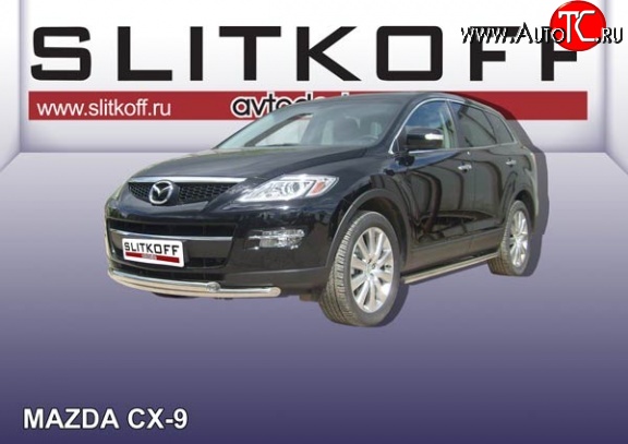 14 749 р. Двойная защита переднего бампера из труб диаметрами по 57 мм Slitkoff Mazda CX-9 TB дорестайлинг (2007-2009) (Нержавейка, Полированная)  с доставкой в г. Майкоп