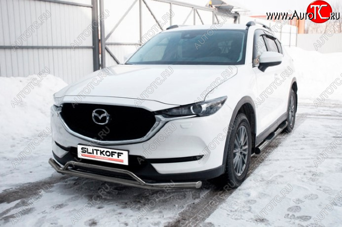 10 599 р. Защита переднего бампера Slitkoff (Ø 57+Ø 32, двойная).  Mazda CX-5  KF (2016-2025) (Сталь с полимерным покрытием. Цвет: серебристый)  с доставкой в г. Майкоп
