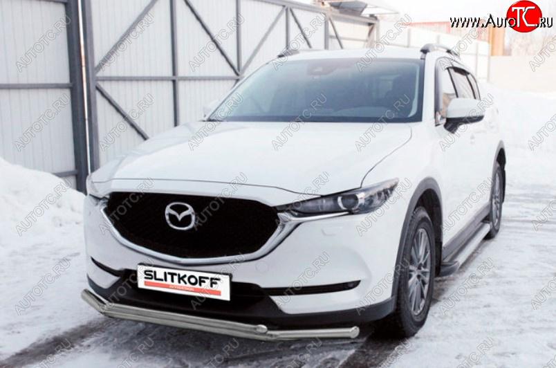 10 699 р. Защита переднего бампера Slitkoff (Ø 57+Ø 42, двойная). Mazda CX-5 KF (2016-2025) (Сталь с полимерным покрытием. Цвет: серебристый)  с доставкой в г. Майкоп