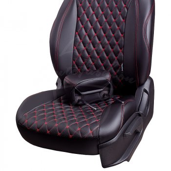 19 649 р. Чехлы для сидений Lord Autofashion Байрон (экокожа, раздельная спинка 40/20/40, подлокотник, 3 Г-образных подголовника) Mazda CX-5 KF (2016-2025) (Черный, вставка черная, строчка красная)  с доставкой в г. Майкоп. Увеличить фотографию 5