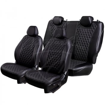 Чехлы для сидений Lord Autofashion Байрон (экокожа, раздельная спинка, подлокотник, отдельные бока, 3 Г-образных подголовника) Mazda 6  GJ (2012-2018) дорестайлинг седан, дорестайлинг универсал, 1 рестайлинг универсал, 1-ый рестайлинг седан (Черный, вставка черная, строчка бежевая)