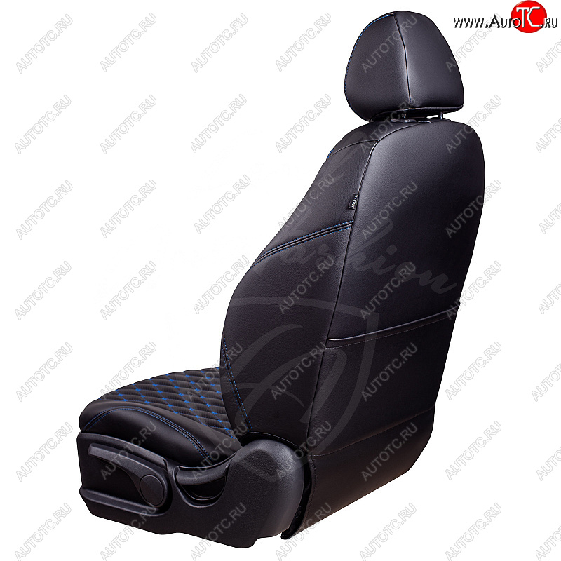 13 949 р. Чехлы для сидений Lord Autofashion Байрон (экокожа, раздельная спинка, 3 Г-образных подголовника)  Mitsubishi ASX (2010-2020) дорестайлинг, 1-ый рестайлинг, 2-ой рестайлинг (Черный, вставка черная, строчка синяя)  с доставкой в г. Майкоп