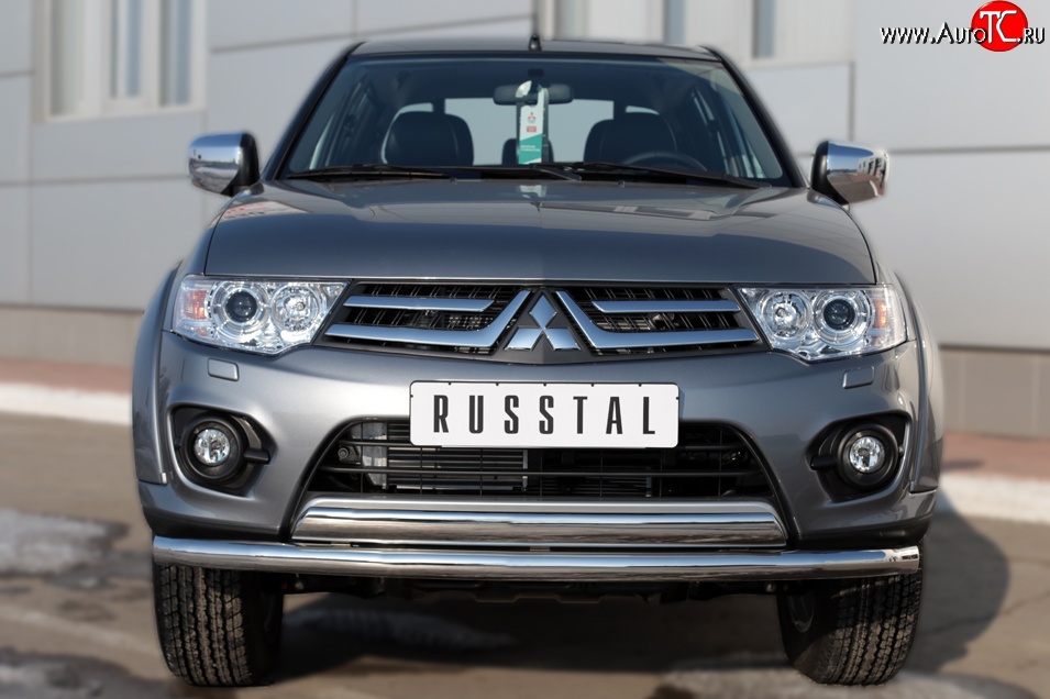 14 399 р. Защита переднего бампера (2 трубы Ø63 и 75х42 мм, нержавейка) Russtal Mitsubishi L200 5 KK,KL дорестайлинг (2015-2019)  с доставкой в г. Майкоп