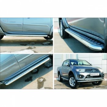 Порожки для ног (Ø63) SLITKOFF Mitsubishi L200  5 KK,KL (2015-2019) дорестайлинг (лист - алюминий, профиль - сталь)