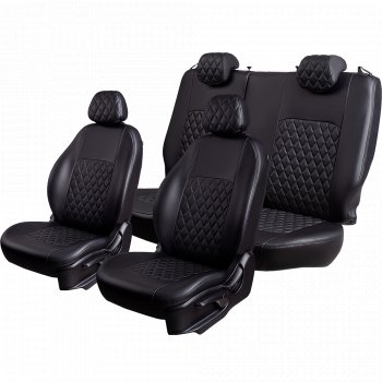 9 449 р. Чехлы для сидений Lord Autofashion Турин Ромб (экокожа, сплошная спинка, подлокотник, 2 П- и 1 Г-образных подголовника)  Mitsubishi L200 ( 4,  5 KK,KL) (2006-2022)  дорестайлинг, рестайлинг (Черный, вставка черная, строчка черная)  с доставкой в г. Майкоп. Увеличить фотографию 2