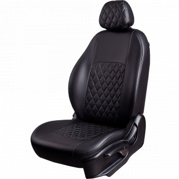 Чехлы для сидений Lord Autofashion Турин Ромб (экокожа, сплошная спинка, подлокотник, 2 П- и 1 Г-образных подголовника) Mitsubishi L200 ( 4,  5 KK,KL) (2006-2022)  дорестайлинг, рестайлинг (Черный, вставка черная, строчка черная)