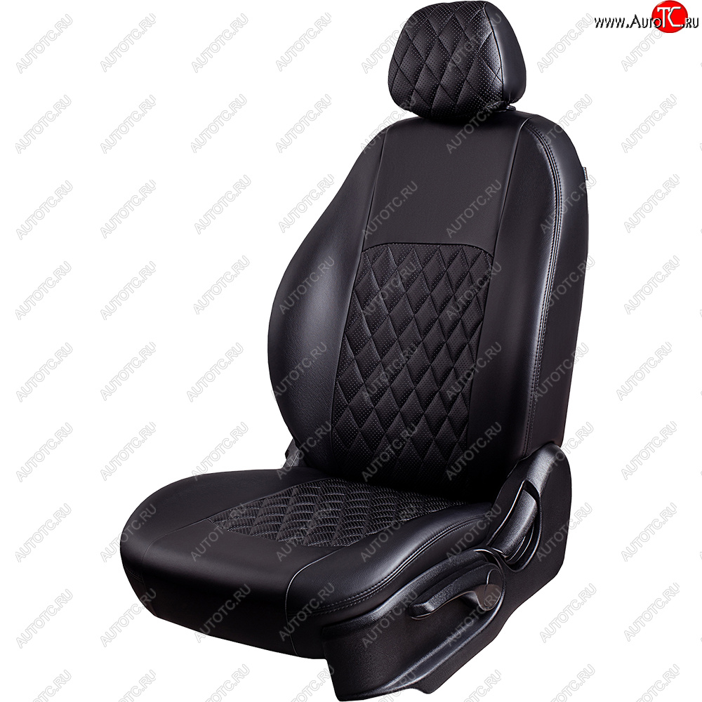9 449 р. Чехлы для сидений Lord Autofashion Турин Ромб (экокожа, сплошная спинка, подлокотник, 2 П- и 1 Г-образных подголовника)  Mitsubishi L200 ( 4,  5 KK,KL) (2006-2022)  дорестайлинг, рестайлинг (Черный, вставка черная, строчка черная)  с доставкой в г. Майкоп