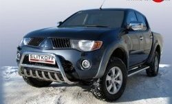 Усиленная низкая защита переднего бампера с защитой картера из трубы диаметром 57 мм Slitkoff Mitsubishi L200  4 (2006-2014)  дорестайлинг