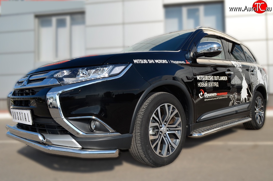 13 399 р. Защита переднего бампера (2 трубыØ75х42 и 63 мм, нержавейка) Russtal Mitsubishi Outlander GF 2-ой рестайлинг (2015-2018)  с доставкой в г. Майкоп