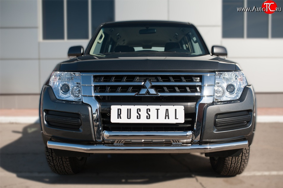 21 849 р. Защита переднего бампера (2 трубыØ63 мм, нержавейка) SLITKOFF Mitsubishi Pajero 4 V90 2-ой рестайлинг (2014-2020)  с доставкой в г. Майкоп