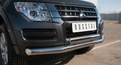 17 799 р. Защита переднего бампера (2 трубы Ø76 и 75х42 мм, нержавейка) Russtal Mitsubishi Pajero 4 V90 2-ой рестайлинг (2014-2020)  с доставкой в г. Майкоп. Увеличить фотографию 2