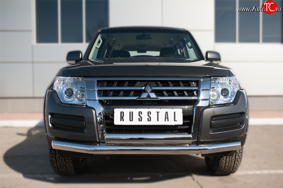 17 799 р. Защита переднего бампера (2 трубы Ø76 и 75х42 мм, нержавейка) Russtal Mitsubishi Pajero 4 V90 2-ой рестайлинг (2014-2020)  с доставкой в г. Майкоп