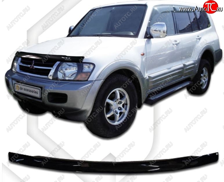 2 079 р. Дефлектор капота CA-Plastic Mitsubishi Pajero 3 V70 дорестайлинг (1999-2003) (Classic черный, Без надписи)  с доставкой в г. Майкоп