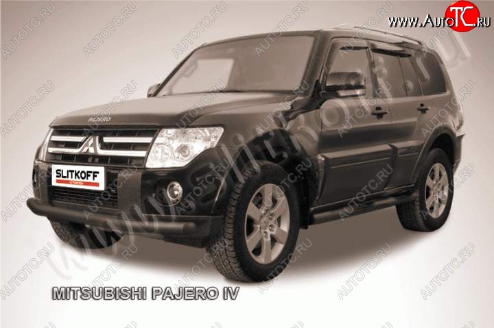 9 449 р. Защита переднего бампер Slitkoff Mitsubishi Pajero 4 V90 дорестайлинг (2006-2011) (Цвет: серебристый)  с доставкой в г. Майкоп