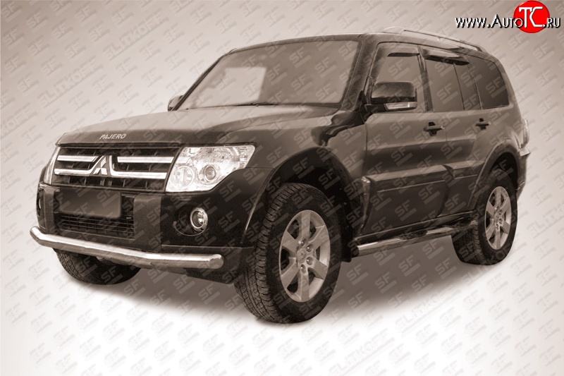13 499 р. Одинарная защита переднего бампера из трубы диаметром 76 мм Slitkoff Mitsubishi Pajero 4 V80 дорестайлинг (2006-2011) (Нержавейка, Полированная)  с доставкой в г. Майкоп