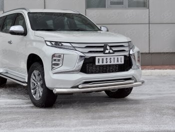 Защита переднего бампера (2 трубы Ø76 и 42 мм, нержавейка) SLITKOFF Mitsubishi Pajero Sport  QF (2019-2022) рестайлинг