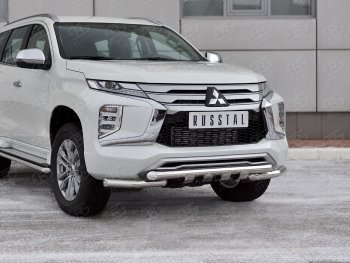 Защита переднего бампера SLITKOFF (Ø63 мм с уголками, нержавейка) Mitsubishi Pajero Sport  QF (2019-2022) рестайлинг