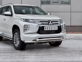 Защита переднего бампера (2 трубы Ø63 и 42 мм, нержавейка) SLITKOFF Mitsubishi Pajero Sport  QF (2019-2022) рестайлинг