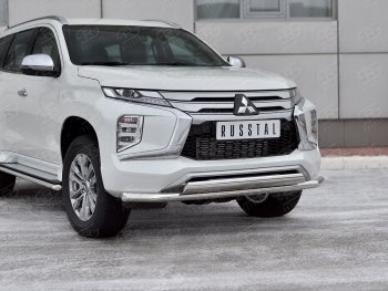 Защита переднего бампера (2 трубы Ø63 и 75х42 мм, нержавейка) SLITKOFF Mitsubishi Pajero Sport  QF (2019-2022) рестайлинг