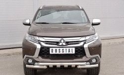 Защита переднего бампера (2 трубы Ø63 мм с зубами, нержавейка) SLITKOFF Mitsubishi Pajero Sport  QE (2015-2021) дорестайлинг