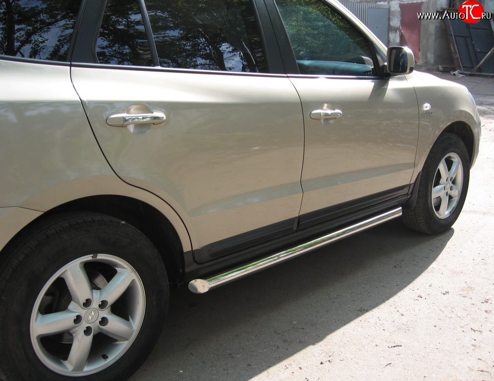 14 449 р. Защита порогов Russtal из круглой трубы диаметром 63 мм Hyundai Santa Fe CM дорестайлинг (2006-2009) (Защита порогов с со скосами на торцах (вариант 1))  с доставкой в г. Майкоп