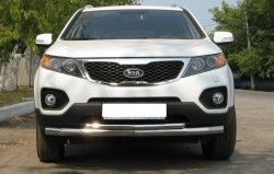Защита переднего бампера (2 трубы Ø63 и 42 мм, нержавейка) SLITKOFF KIA Sorento  XM (2009-2012) дорестайлинг