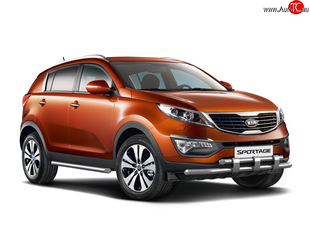 14 999 р. Двойная защита переднего бампера Petroil-Tuning 63 мм с пластинами KIA Sportage 3 SL дорестайлинг (2010-2014) (Нержавеющая полированная сталь)  с доставкой в г. Майкоп
