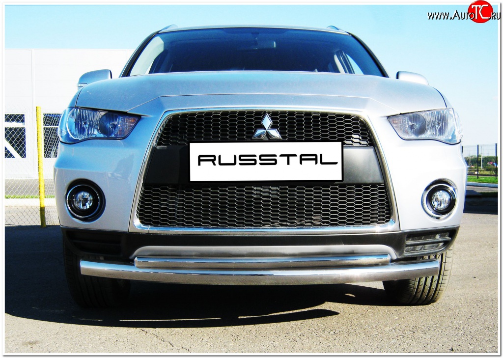 19 549 р. Защита переднего бампера (2 трубыØ76 и 42 мм, нержавейка) SLITKOFF Mitsubishi Outlander XL (CW)  рестайлинг (2010-2013)  с доставкой в г. Майкоп