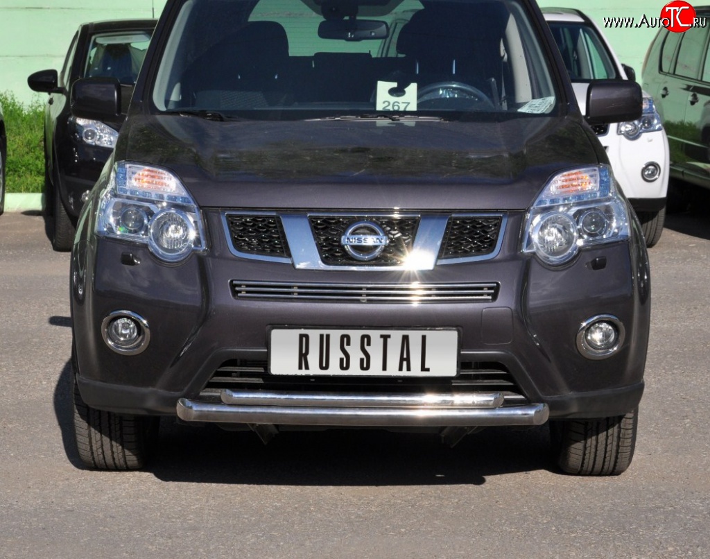 10 899 р. Защита переднего бампера (2 трубыØ63 и 42 мм, нержавейка) Russtal Nissan X-trail 2 T31 рестайлинг (2010-2015)  с доставкой в г. Майкоп