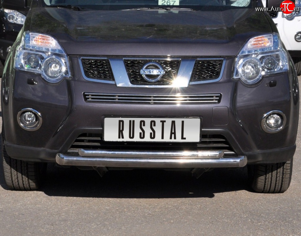16 599 р. Защита переднего бампера (2 трубыØ76 и 42 мм, нержавейка) SLITKOFF Nissan X-trail 2 T31 рестайлинг (2010-2015)  с доставкой в г. Майкоп