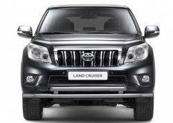 Защита переднего бампера двойная с зубьями из труб d63/63 мм Petroil Tuning Toyota Land Cruiser Prado J150 дорестайлинг (2009-2013) (Нержавеющая полированная сталь)