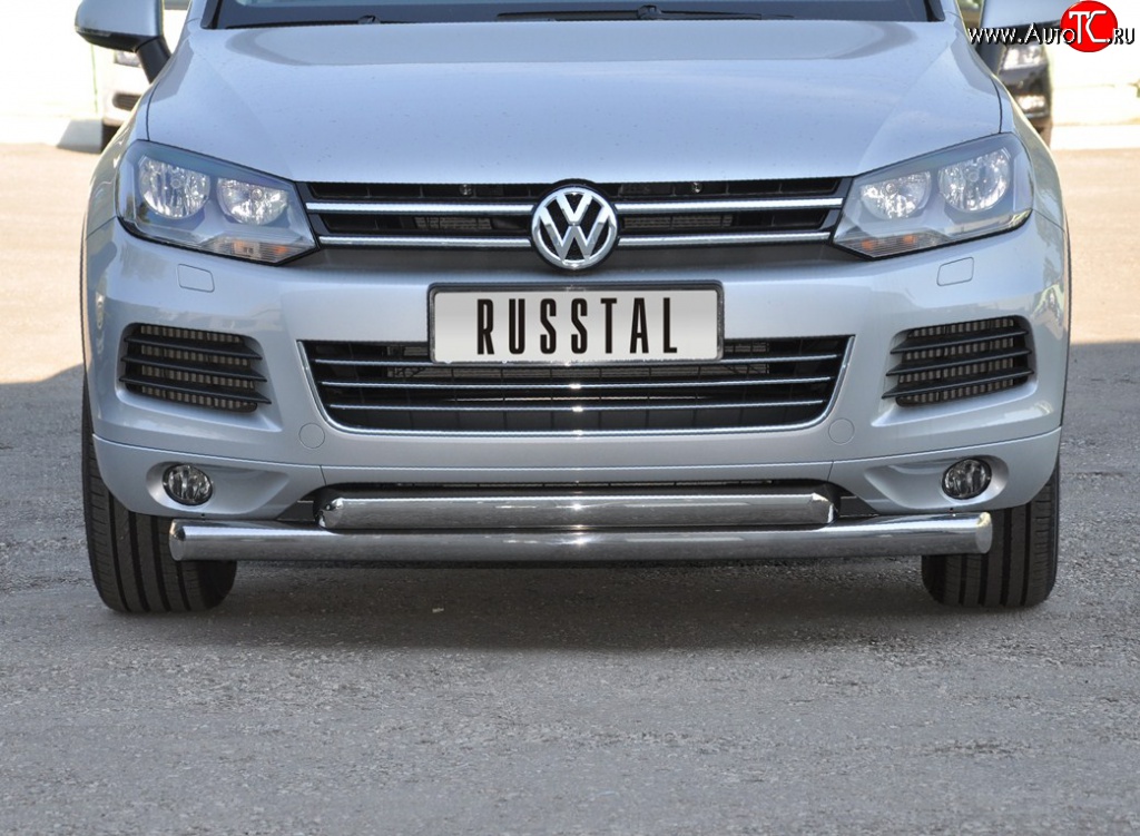 22 549 р. Защита переднего бампера (2 трубыØ76 и 63 мм, нержавейка) SLITKOFF Volkswagen Touareg NF дорестайлинг (2010-2014)  с доставкой в г. Майкоп