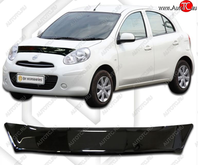 1 999 р. Дефлектор капота CA-Plastic Nissan Micra K13 5 дв. дорестайлинг (2010-2013) (Classic черный, Без надписи)  с доставкой в г. Майкоп