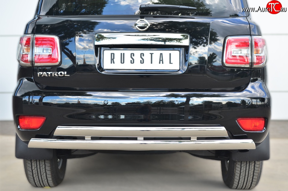 17 999 р. Защита заднего бампера (2 трубы Ø76х42 мм, нержавейка) Russtal Nissan Patrol 6 Y62 рестайлинг (2014-2017)  с доставкой в г. Майкоп