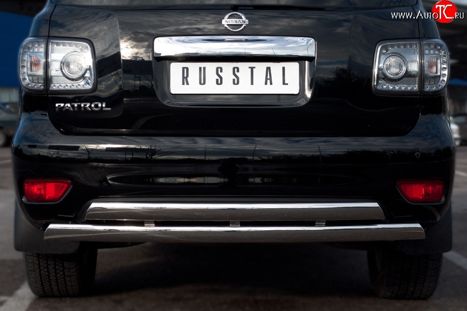 17 999 р. Защита заднего бампера (2 трубы Ø76х42 мм, нержавейка) Russtal Nissan Patrol 6 Y62 дорестайлинг (2010-2014)  с доставкой в г. Майкоп