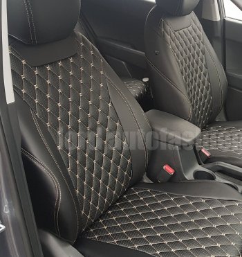 13 949 р. Чехлы для сидений Lord Autofashion Байрон (экокожа)  Nissan Qashqai  1 (2007-2013) дорестайлинг, J10 рестайлинг (Чёрный, вставка чёрная, строчка бежевая)  с доставкой в г. Майкоп. Увеличить фотографию 4