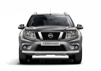 Защита переднего бампера (одинарная, Ø63 мм) Petroil Tuning Nissan Terrano D10 рестайлинг (2016-2022) (Нержавеющая полированная сталь)