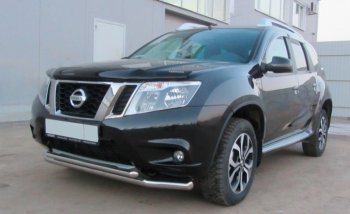 Защита переднего бампера Slitkoff (Ø 57+Ø 42, двойная). Nissan Terrano  D10 (2013-2022) дорестайлинг, рестайлинг (Нержавеющая сталь)